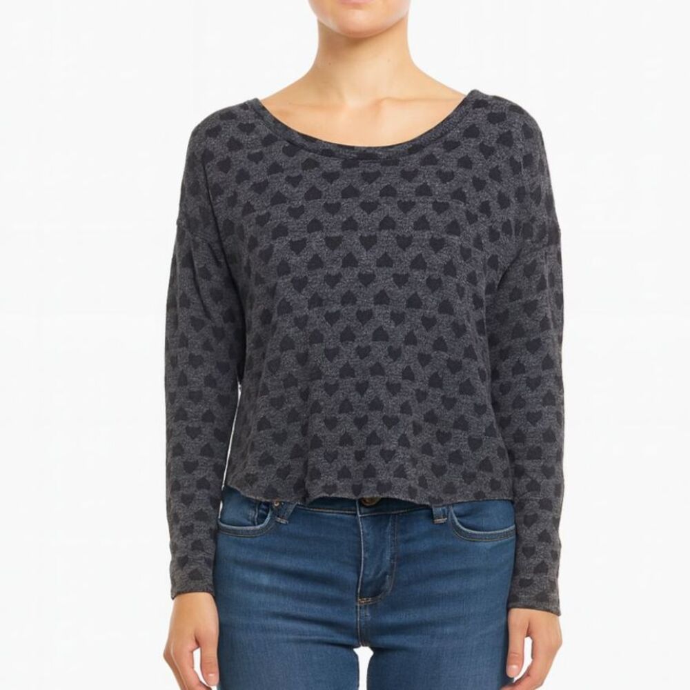 Lucky Brand Grey Oversized Heart Graphic Long Sleeve Top L Boho Cozy